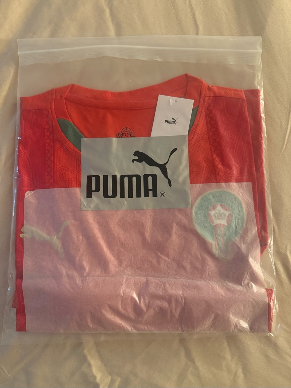 Puma Red Kids Short-Sleeve Soccer Tee with Crest Morocco Jersey